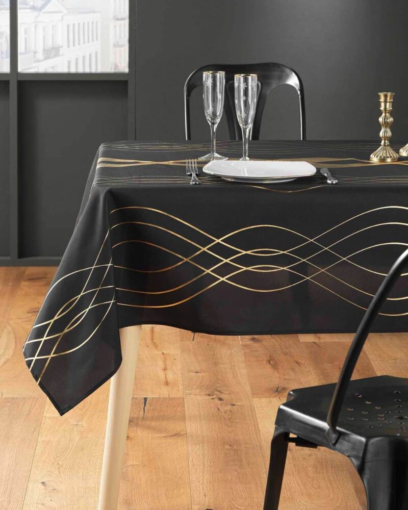 nappe polyester motif strass métallisé noir or