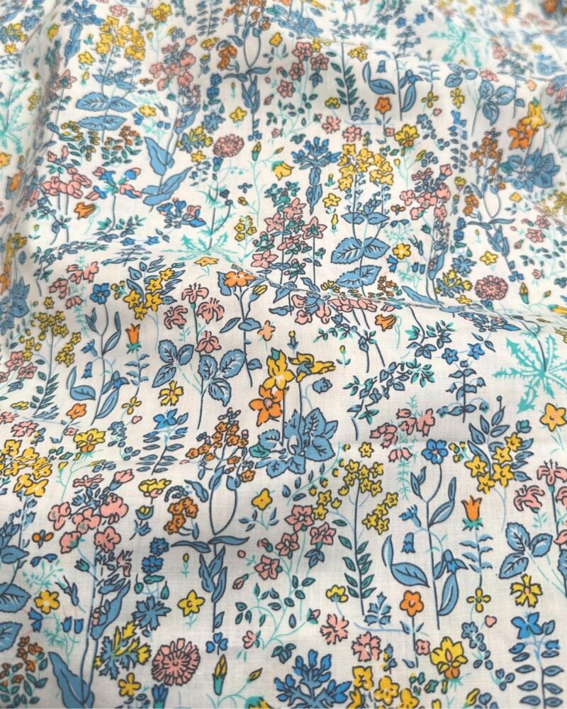 tissu popeline de coton fleuri bleu orange jaune