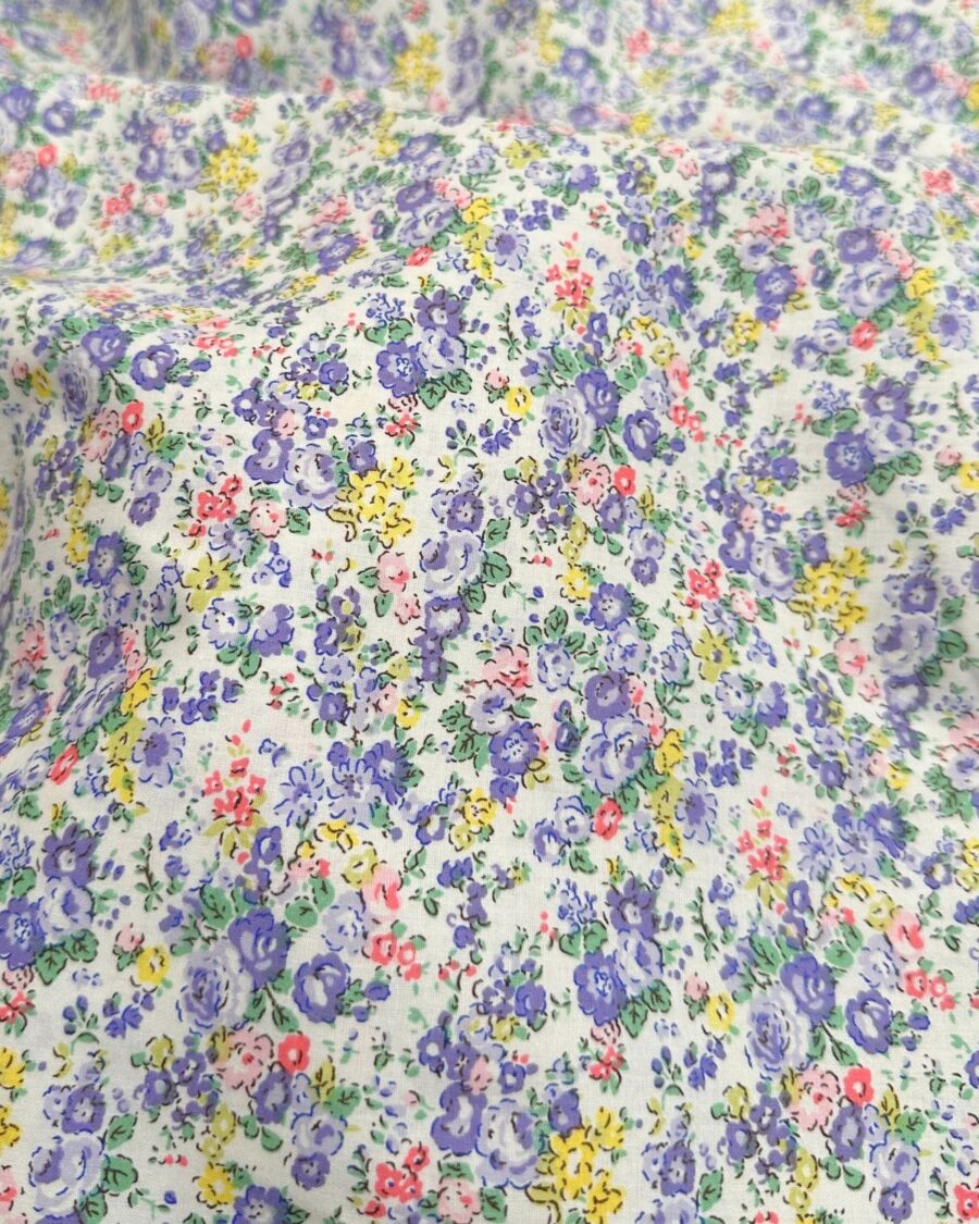 tissu popeline de coton fleuri lavande jaune corail
