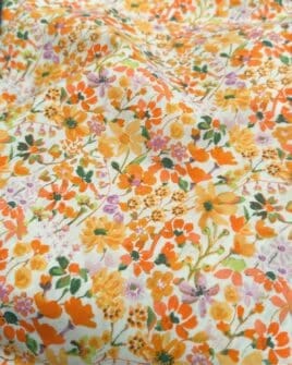 tissu popeline de coton motif fleur aquarelle orange violet