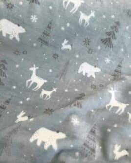 tissu polaire imprimé biche ours et lapin de noël gris