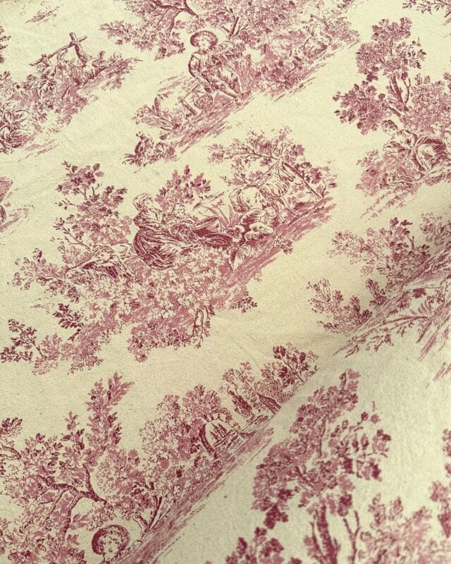 tissu toile de jouy gabrielle coton lin rose