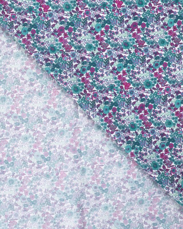 tissu voile de coton style liberty violet bleu vert verso