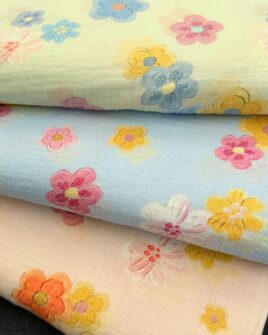 tissu double gaze grosse fleur rose jaune 3 motifs