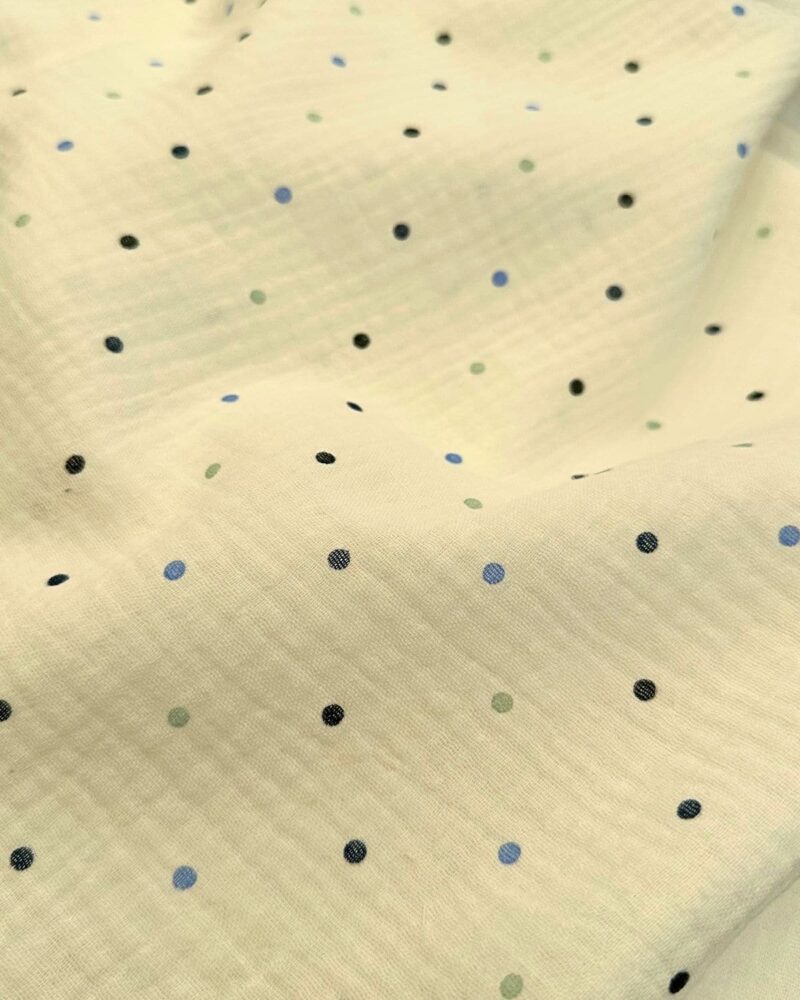 tissu double gaze pois bleu noir vert fond écru