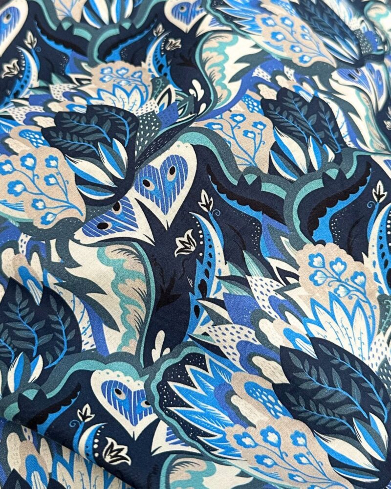 tissu popeline de coton imprimé grand feuillage camaïeu de bleu