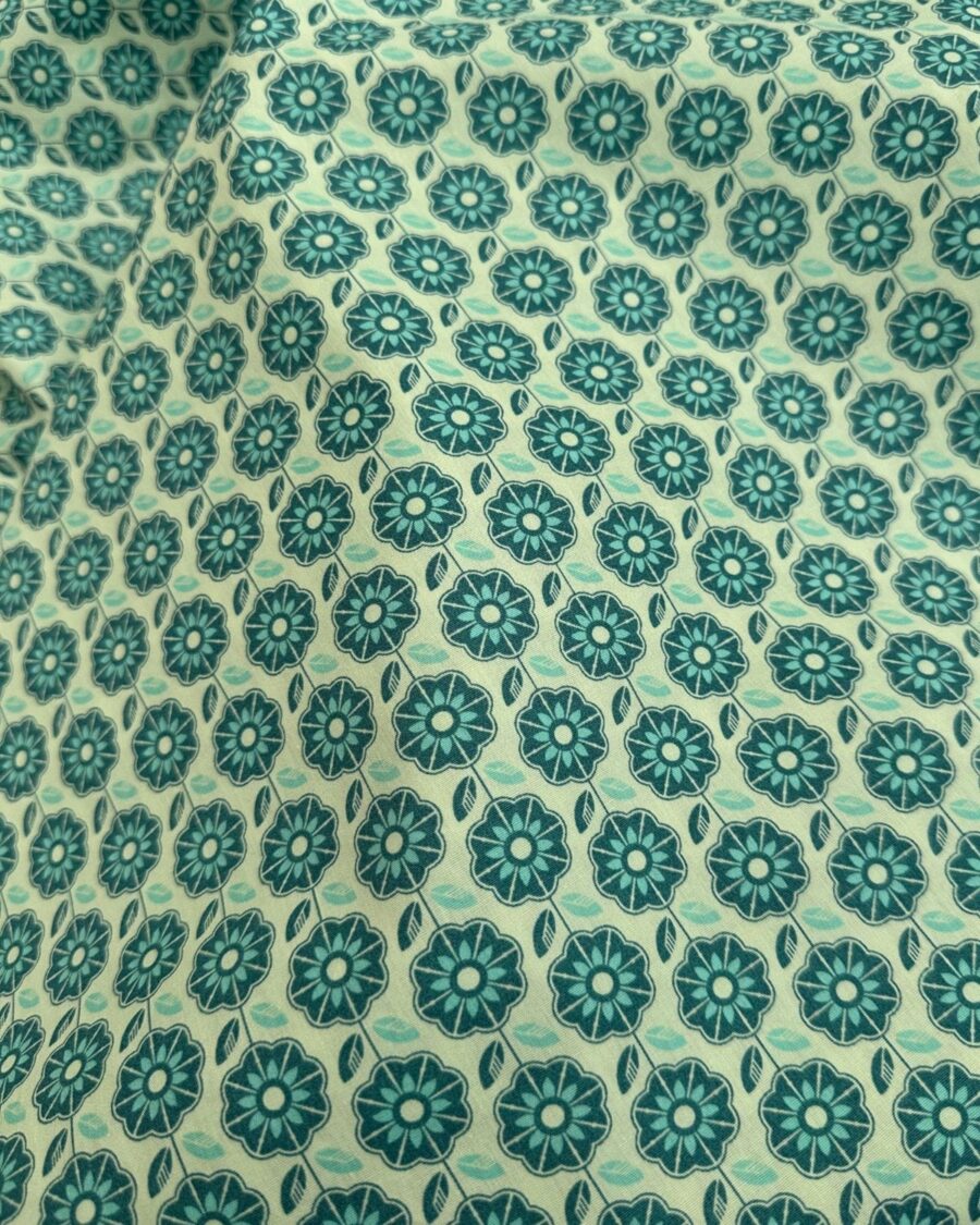 popeline de coton fleur rétro vert menthe bleu pétrole et cyan