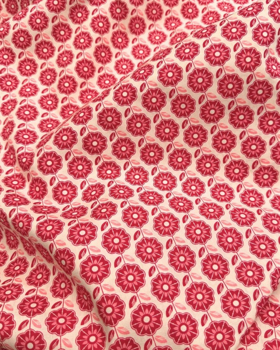 popeline de coton fleur rétro framboise et rose orchidée
