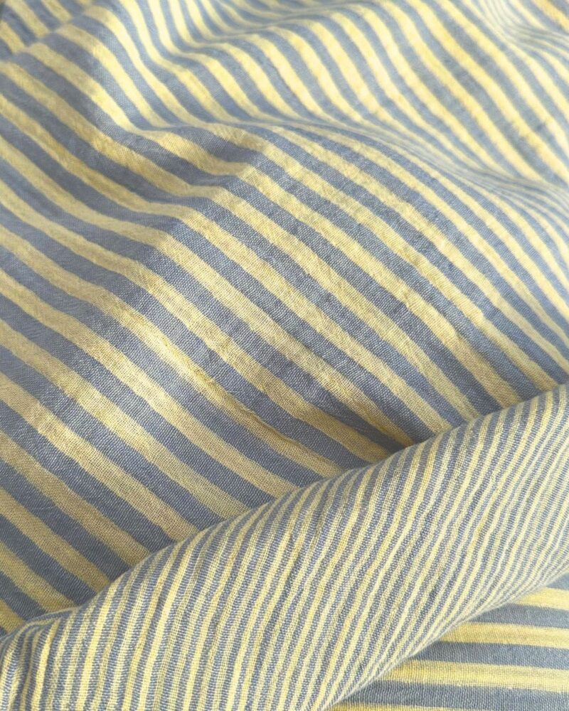 tissu double gaze à rayure réversible bleu jean jaune citron
