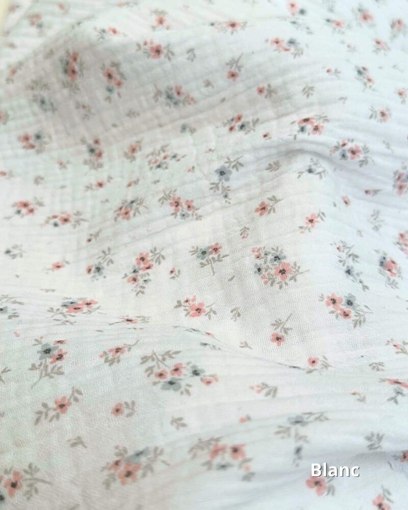 tissu double gaze fleuri blanc