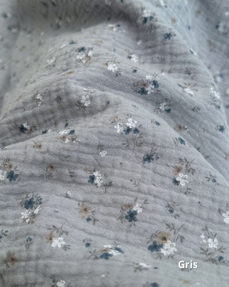 tissu double gaze fleuri gris