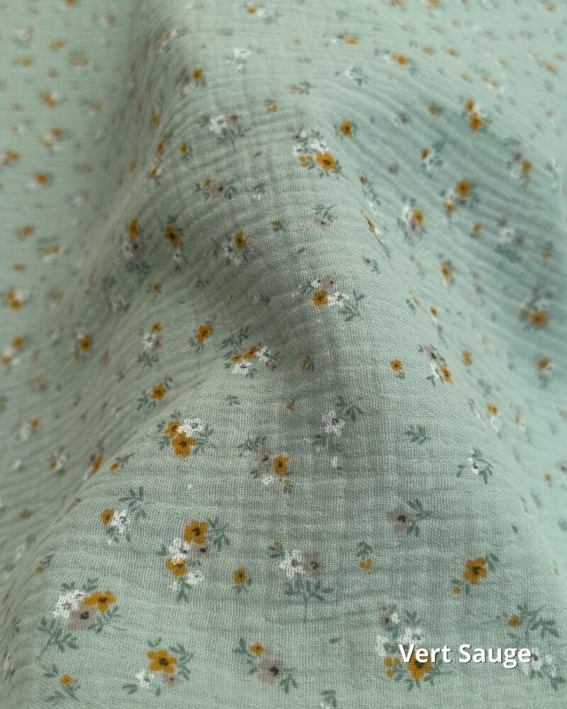 tissu double gaze fleuri vert sauge au mètre