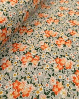 tissu coton enduit fleuri orange fond gris