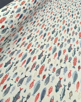 tissu coton enduit poisson rouge bleu blanc