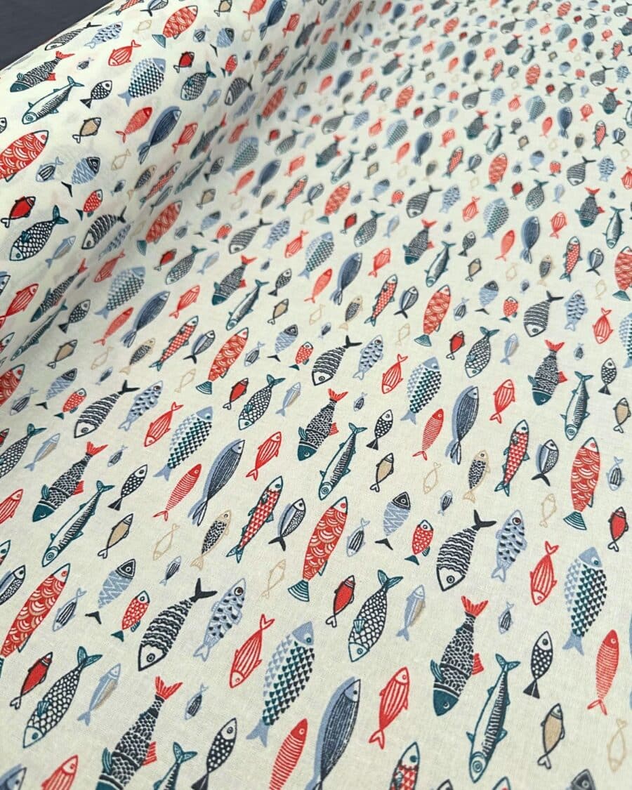 tissu coton enduit poisson rouge bleu blanc