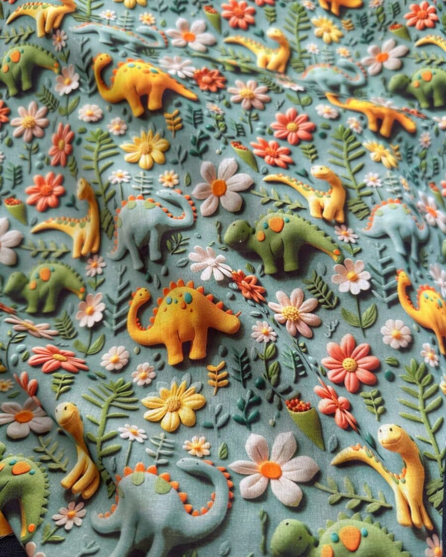 tissu coton 3D dino vert