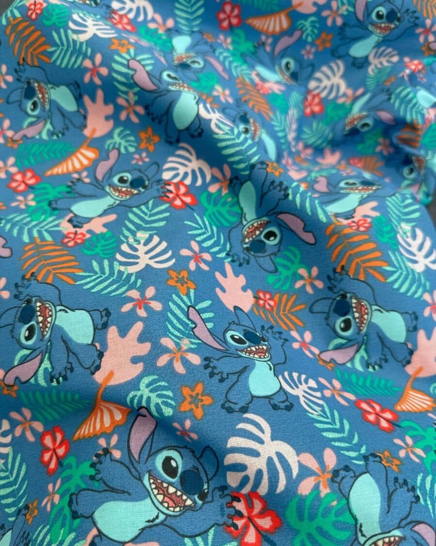 tissu coton Lilo et Stitch tropical bleu