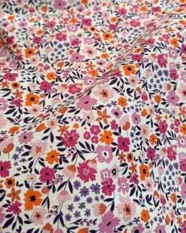 tissu coton enduit 3D fleuri orange violet