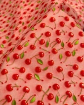tissu coton enduit 3D motif cerise fond rose