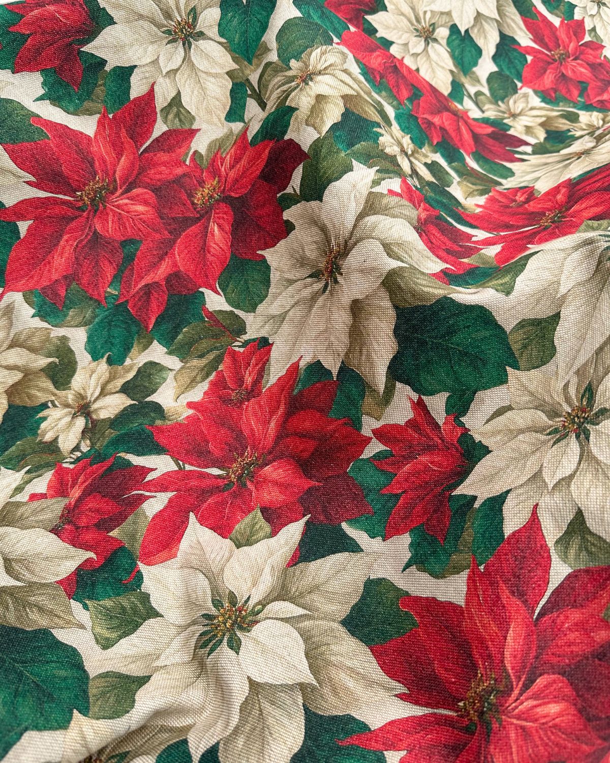 tissu polycoton 280cm fleur de noël rouge vert aspect lin
