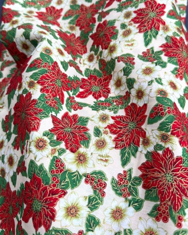 tissu coton grosse fleur de noël blanc