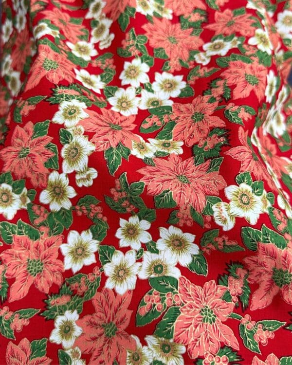tissu coton grosse fleur de noël rouge