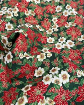 tissu coton grosse fleur de noël vert sapin