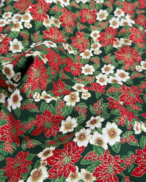 tissu coton grosse fleur de noël vert sapin