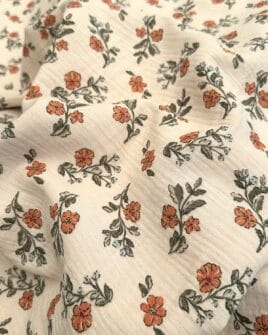 tissu double gaze fleur camel fond écru