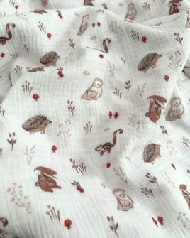 tissu double gaze hérisson lapin écureuil blanc