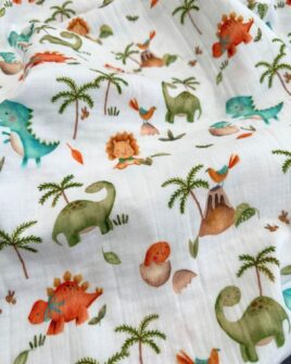 tissu double gaze dinosaure blanc