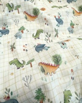 tissu double gaze dinosaure quadrillage blanc