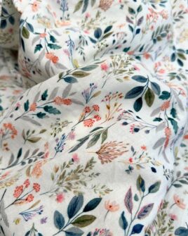 tissu double gaze feuillage bleu rouge vert impression digitale