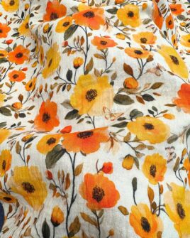 tissu double gaze fleuri jaune orange impression digitale