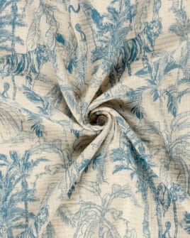 tissu double gaze teint imprimé jungle cobalt