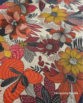 tissu polycoton enduit grosse fleur terracotta rouille jaune