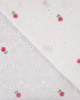 tissu broderie anglaise petite fleur fuchsia fond blanc