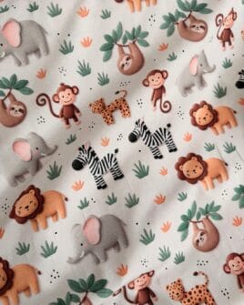 tissu jersey de coton 3D animaux sauvages gris perle