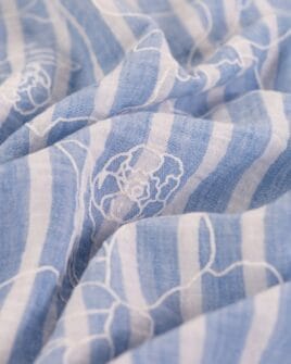 tissu aspect lin rayure bleue floqué grosse fleur