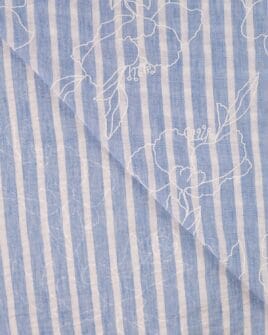 tissu aspect lin rayure bleue floqué grosse fleur