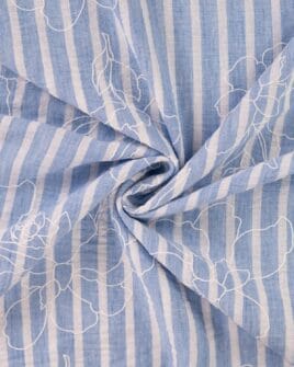tissu aspect lin rayure bleue floqué grosse fleur