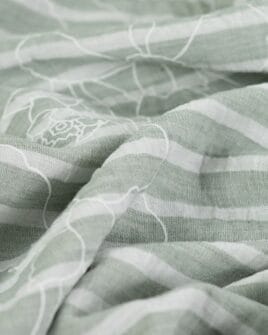 tissu aspect lin rayure verte floqué grosse fleur