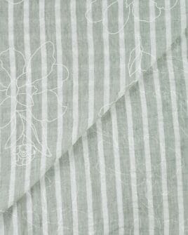tissu aspect lin rayure verte floqué grosse fleur