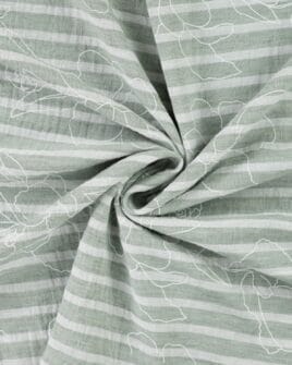 tissu aspect lin rayure verte floqué grosse fleur