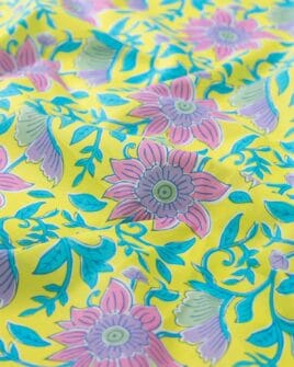 tissu voile de coton fleur indienne rose et jaune