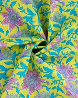 tissu voile de coton fleur indienne rose et jaune