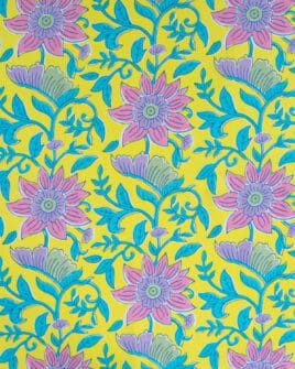 tissu voile de coton fleur indienne rose et jaune