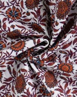 voile de coton matelassé imprimé fleur indienne réversible rayure cognac blanc