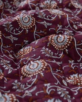 voile de coton matelassé imprimé fleur indienne réversible rétro prune cognac