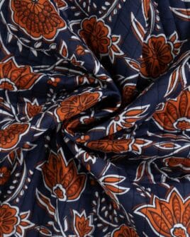voile de coton matelassé imprimé fleur indienne réversible bleu marine cognac
